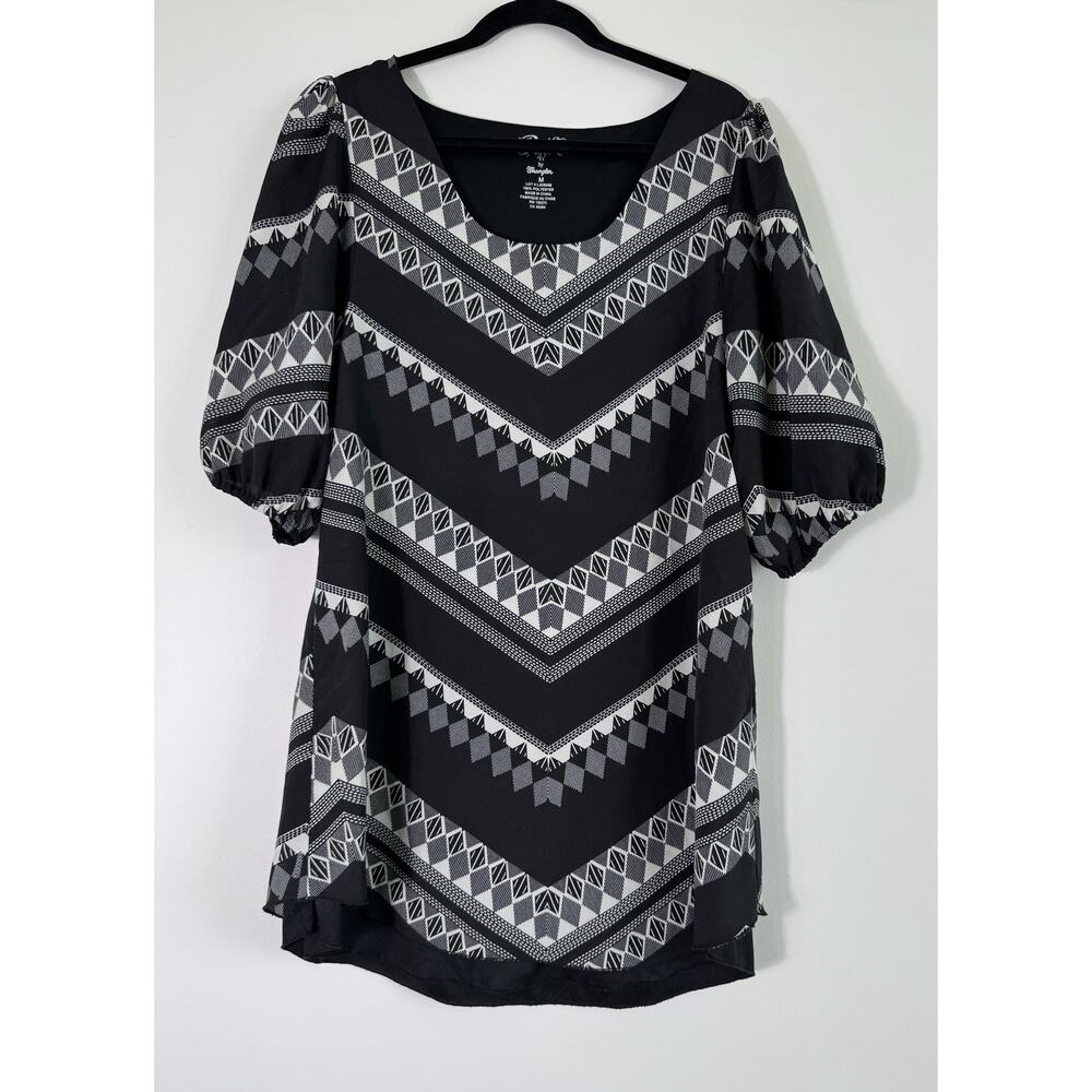 Rock 47 by Wrangler Black White Geometric Puff Sleeve Dress M
